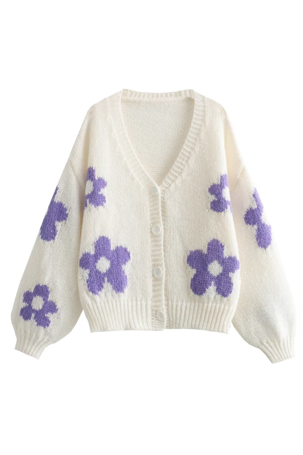 V-neck 3d Intarsia Lazy Style Knitted Sweater Coat
