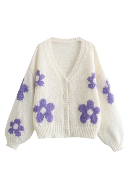 V-neck 3d Intarsia Lazy Style Knitted Sweater Coat