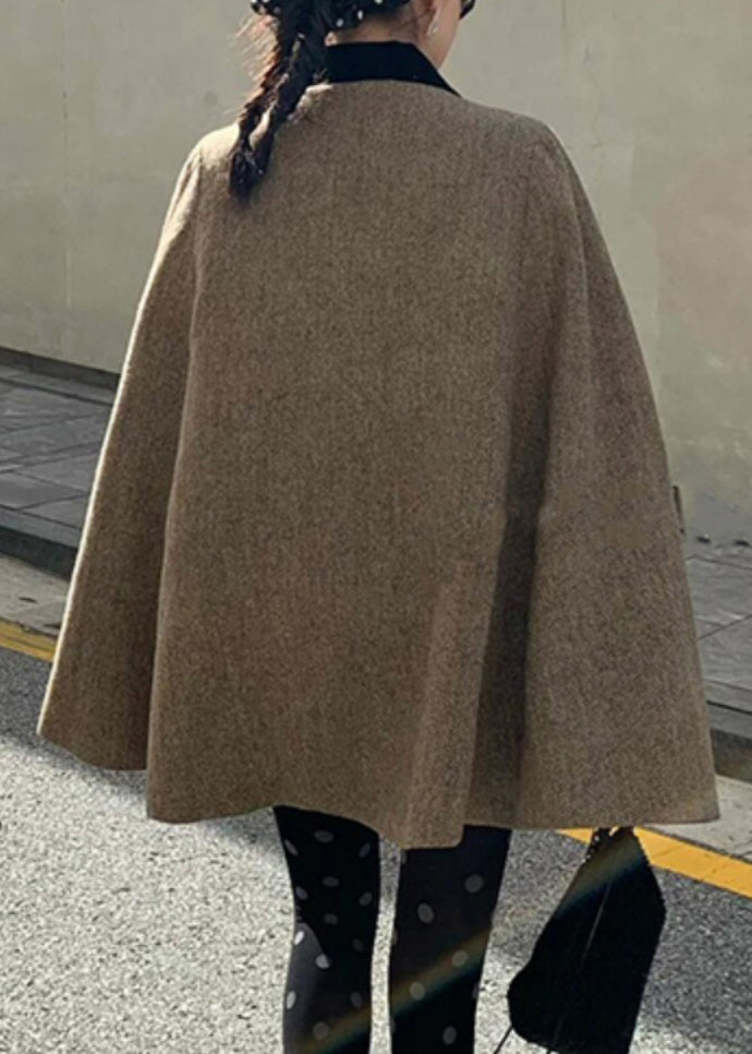 Brown Peter Pan Collar Zippered Woolen Coats Winter Wv009