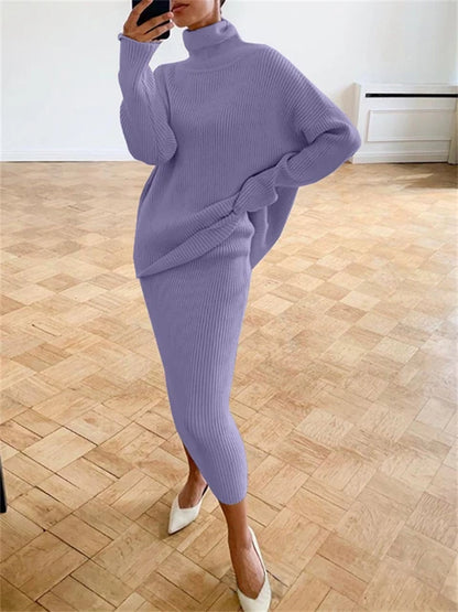 Ribbed Knit 2 Piece Dress Set Outfits Knitwear Top and Midi Skirt Sets for Winter Sweater Sets
