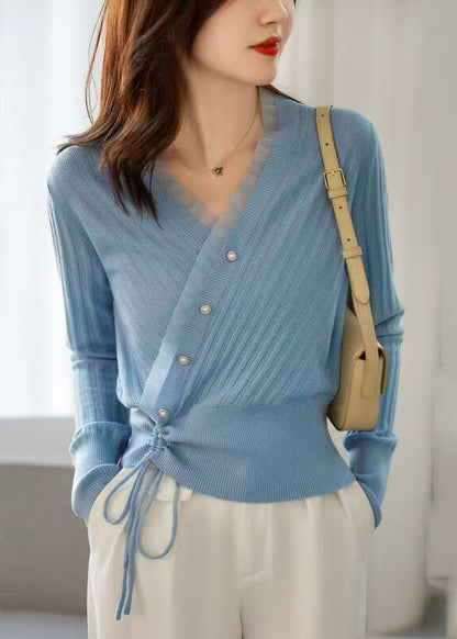 Fitted Blue V Neck Patchwork Drawstring Cotton Knit Sweaters Fall Qp017