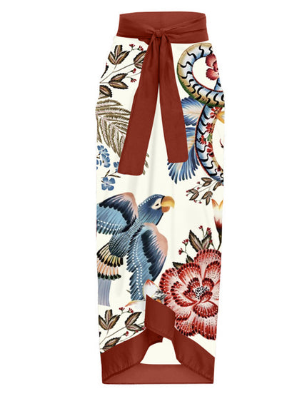 V Neck Ruffle Print Swimsuit and Skirt