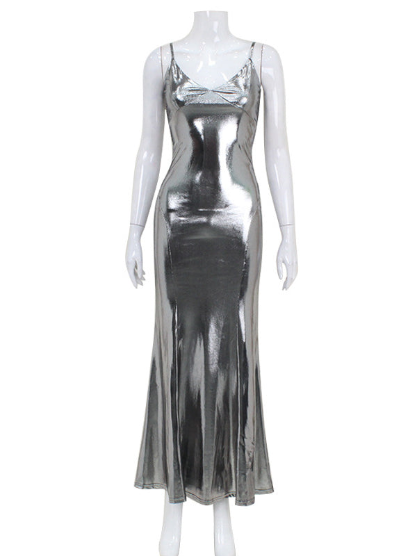 Sleeveless Shiny Color Split-joint Spaghetti-neck Maxi Dresses
