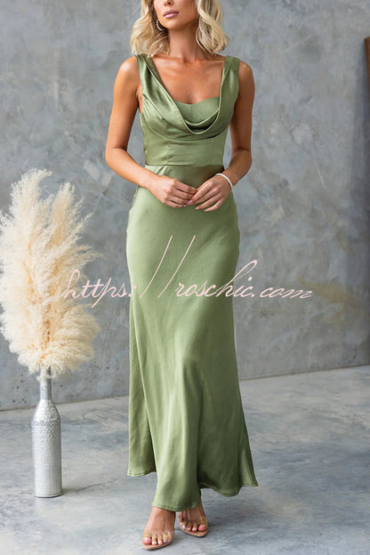 Muse Satin Color Cowl Neck Back Tie-up Maxi Dress