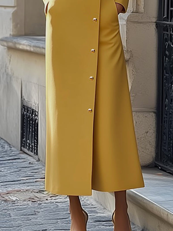 Long Sleeves Loose Buttoned Pockets Color Split-joint Stand Collar Maxi Dresses