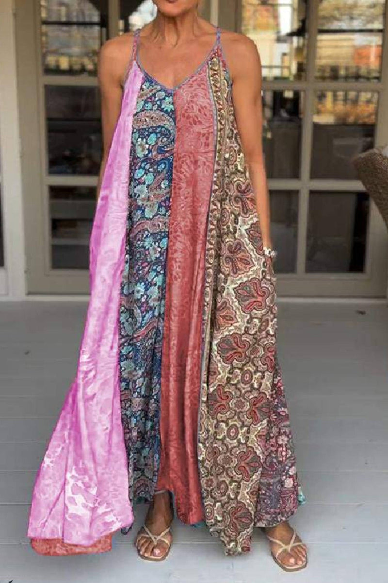 Unique Printed Loose Holiday Strap Big Hem Maxi Dress