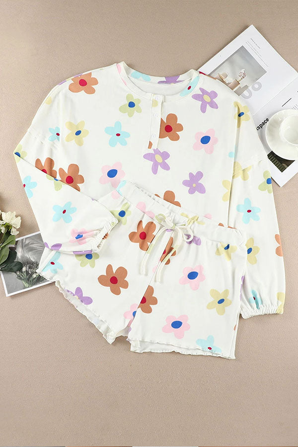 White Print Henley Top \u0026 Drawstring Shorts Loungewear Set