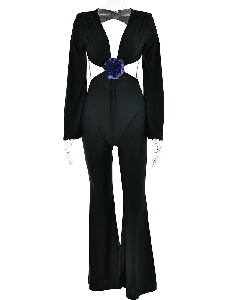 Deep V Hollow Out Jumpsuit 3d Flower Flare Pants Long Pants Slim Backless Female Jumpsuit Party Club Clothing