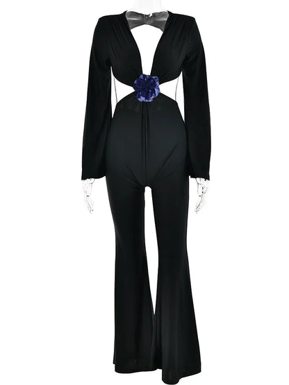Deep V Hollow Out Jumpsuit 3d Flower Flare Pants Long Pants Slim Backless Female Jumpsuit Party Club Clothing