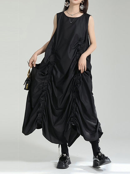 Irregular Clipping Loose Color Round-neck Midi Dresses
