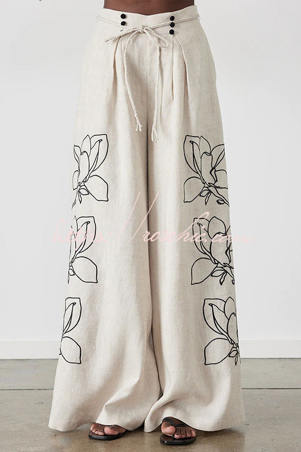Elaina Linen Blend Print Button Pocketed Wide Leg Palazzo Pant