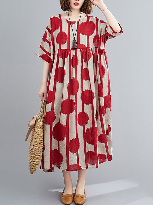 Original Polka-dot Split-joint Round-neck Midi Dress