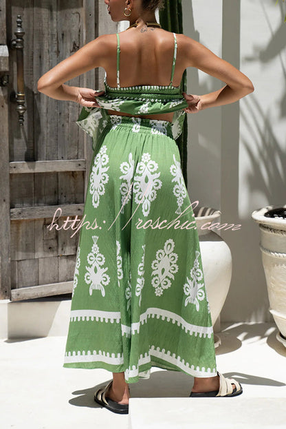 Unique Print Suspender Pleated Top and Elastic Waist Loose Wide-leg Pants Set