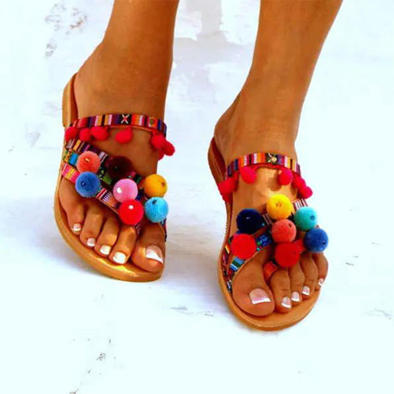 Colorful Fur Ball Tribal Wind Beach Dress Slippers