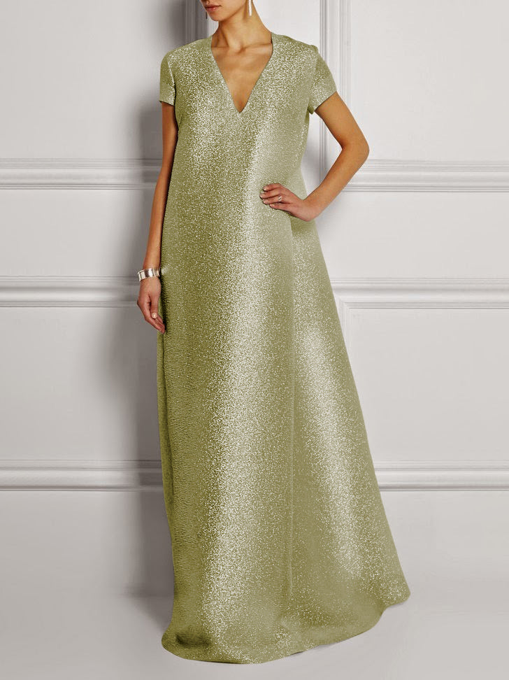 Loose Short Sleeves Shiny Color V-neck Maxi Dresses