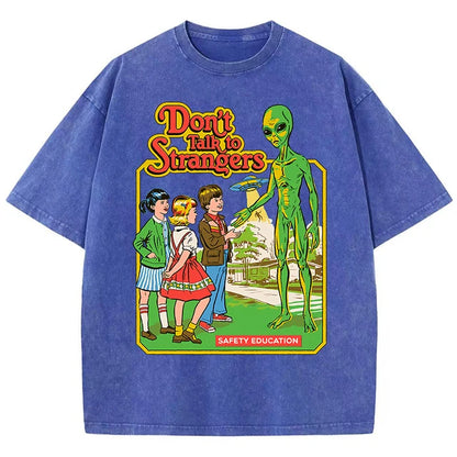 Cartoon Alien Classic Communication Print T-shirt Breathable Cotton Short Sleeve Washed Worn Out Female T Shirts