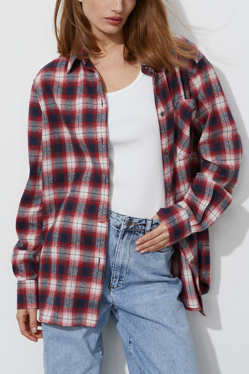 Cotton Plaid Oversized Shirt Blouse