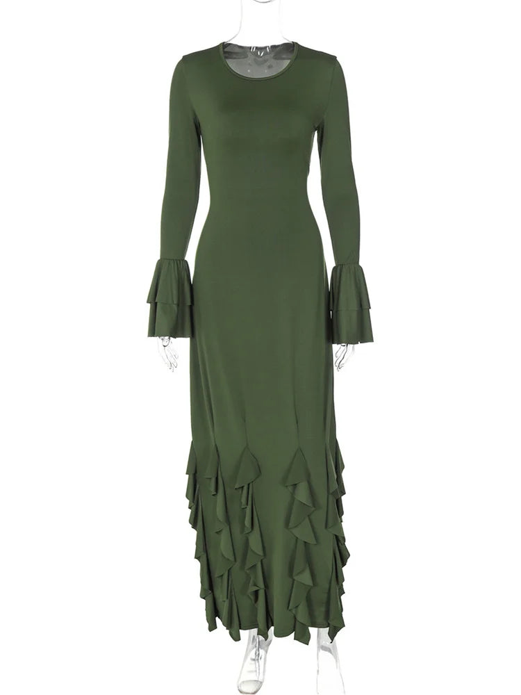 Bandage Ruffled Slim Maxi Dress ’s Patchwork Lace-up Bodycon Dress Female Autumn Long Dress