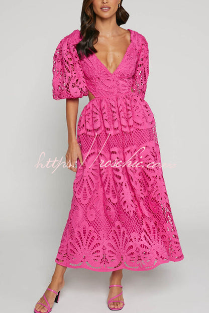 Color V Neck Hollow Lace Waistless Maxi Dress