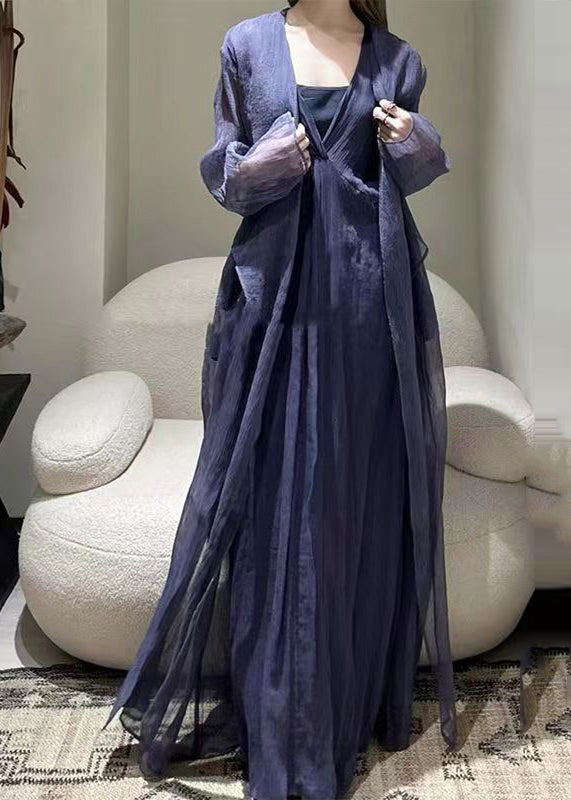 Style Dark Purple Patchwork Tie Waist Tulle Long Dresses Long Sleeve Tt1018