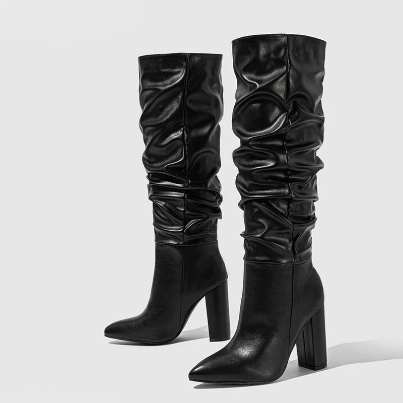 Liyke Pointed Toe Motorcycle Knee High Boots Black Pleated Leather Square High Heels Party Stripper Shoes Booties