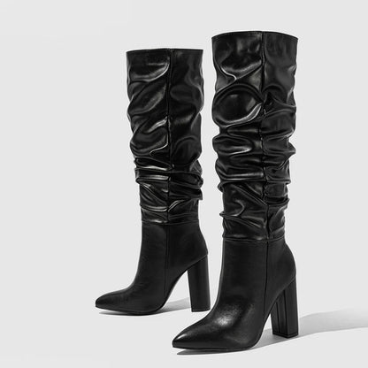 Liyke Pointed Toe Motorcycle Knee High Boots Black Pleated Leather Square High Heels Party Stripper Shoes Booties