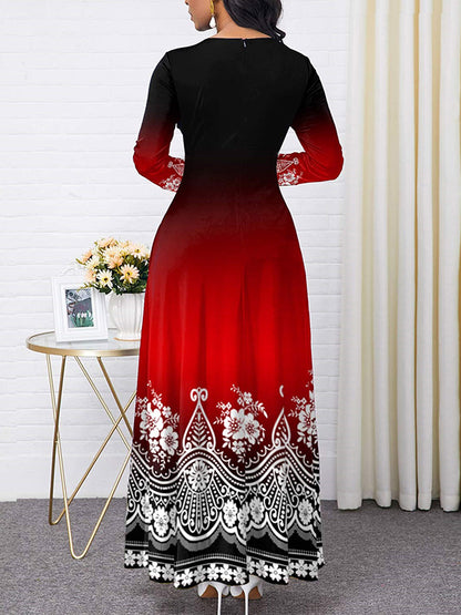 Long Sleeves Contrast Color Printed Round-neck Maxi Dresses