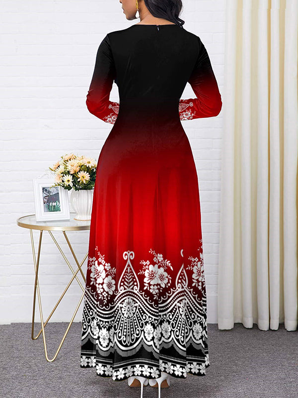 Long Sleeves Contrast Color Printed Round-neck Maxi Dresses