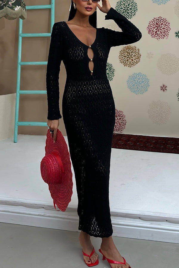 V-neck Long-sleeved Hollow Slim Maxi Dress