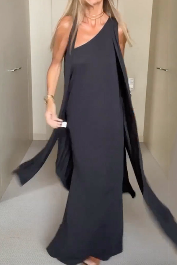 Asymmetric Color Sleeveless One-shoulder Maxi Dresses