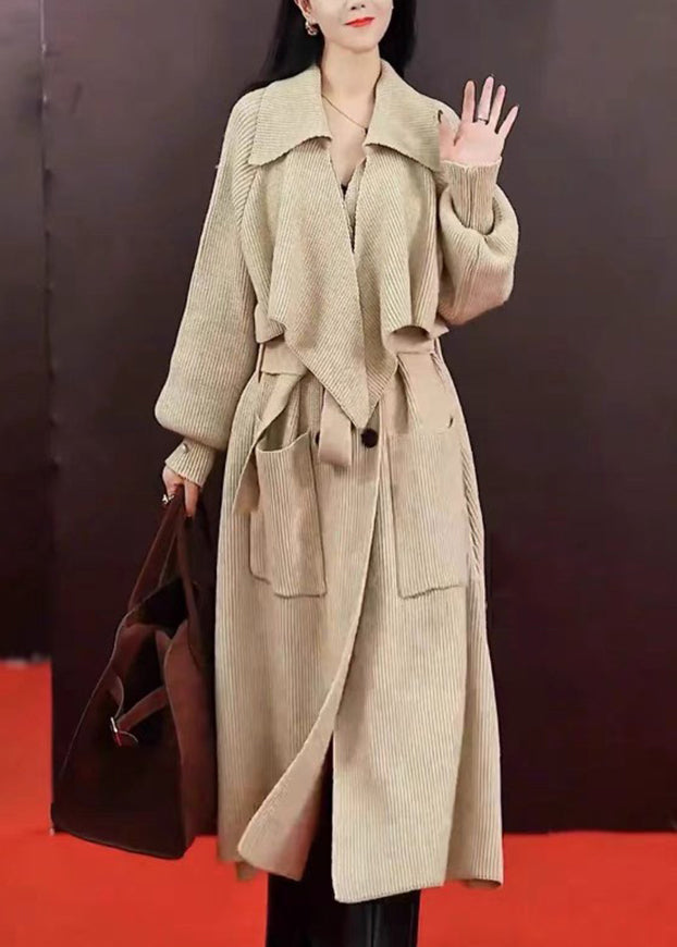 Grey Peter Pan Collar Pockets Tie Waist Knit Long Coats Winter Wd039