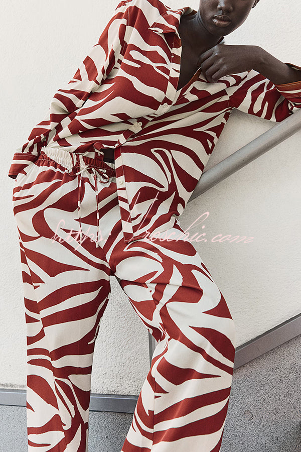 Unique Print Lapel Long Sleeve Loose Shirt and Elastic Waist Pocket Wide Leg Pants Set