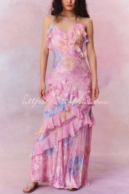 Multicolor Tie-dye Backless Wave-hem Strap Maxi Dress