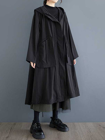 Balck Hooded Pockets Zip-up Drawstring Hem Long Sleeve Trench Coat Tw021