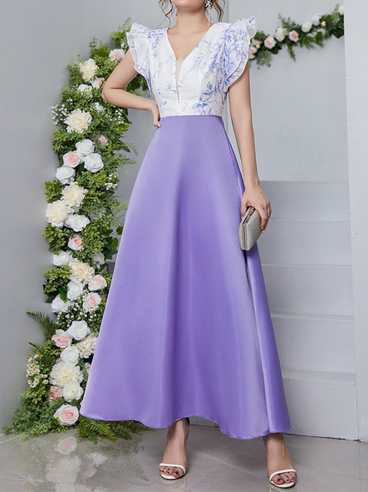 High Waisted Petal Sleeves Printed Split-joint Deep V-neck Maxi Dresses