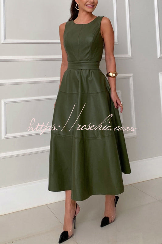 Ensemble Faux Leather Princess Line Back Zipper Umbrella Midi Dress
