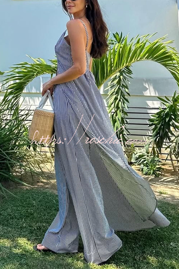Striped Print Sleeveless Long Top and Loose Straight Pants Set