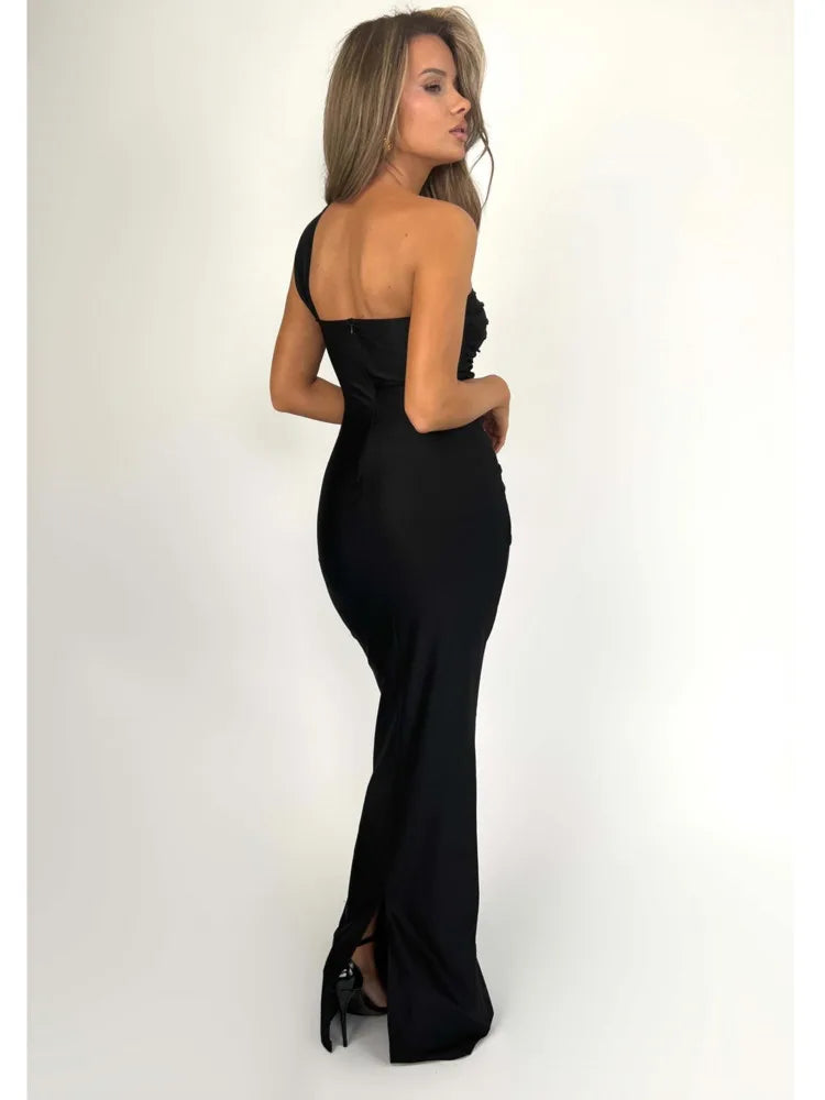 Sleeveless Single Shoulder Strap Zipper Evening Dress Pleated Slim Maxi Dress Female Party Club Vestidos