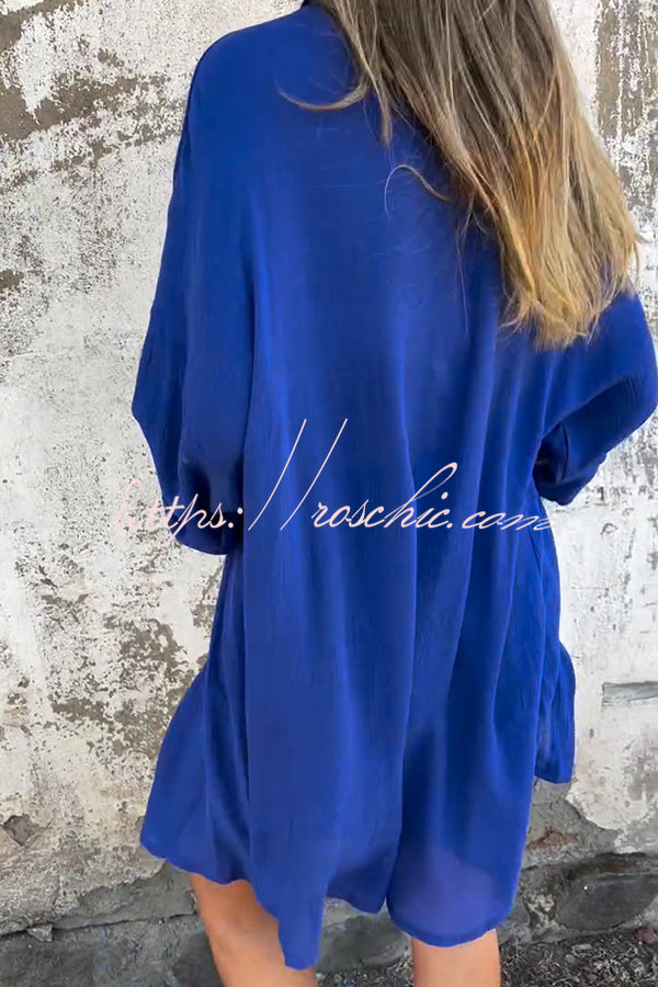 Color Lapel Long Shirt and Elastic Waist Loose Pocket Shorts Set