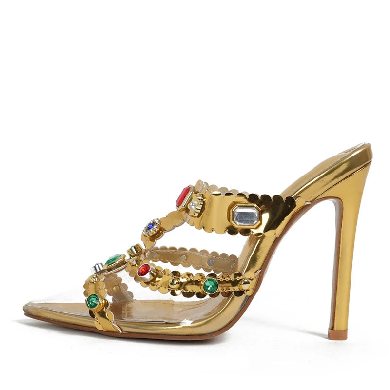 Liyke Runway Style Color Gem Pumps Slippers Crystal Rhinestone Pvc Transparent Mules High Heels Summer Party Prom Shoes