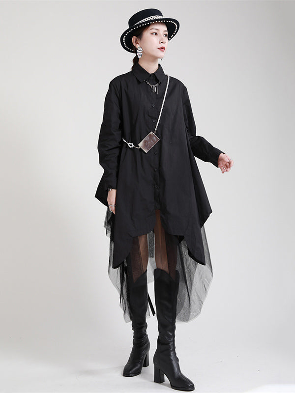 Urban Loose Split-joint Lapel Long Sleeves Midi Dress