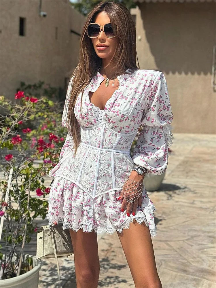 V-neck Printed Lace Mini Dress Female Ruffled High Waist Patchwork Contrast Slim Bandage Summer Party Looks Dress