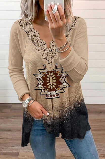 Mexican Past Hippie Print Lace Trim Stretch T-shirt