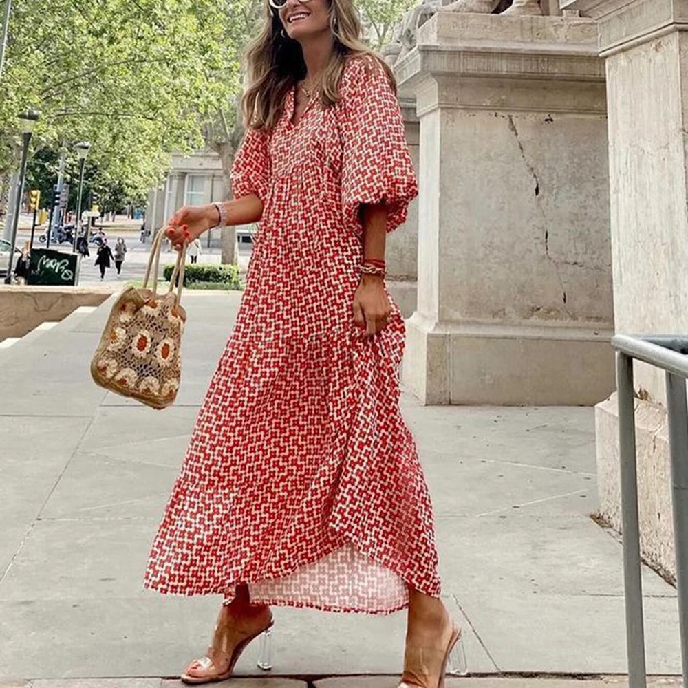 Puff Sleeve Maxi Dress Print V-neck Loose Holiday Beach Party Vestidos