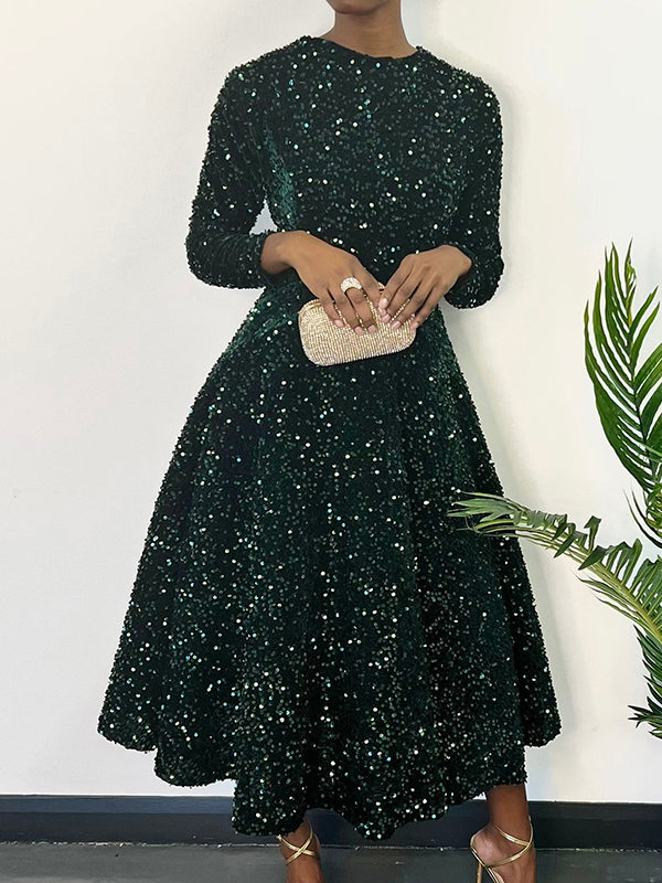 A-line High Waisted Sequined Split-joint Zipper Round-neck Maxi Dresses