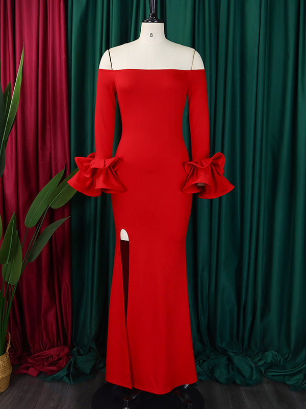 Bodycon Flared Sleeves Falbala Color Split-side Off-the-shoulder Maxi Dresses