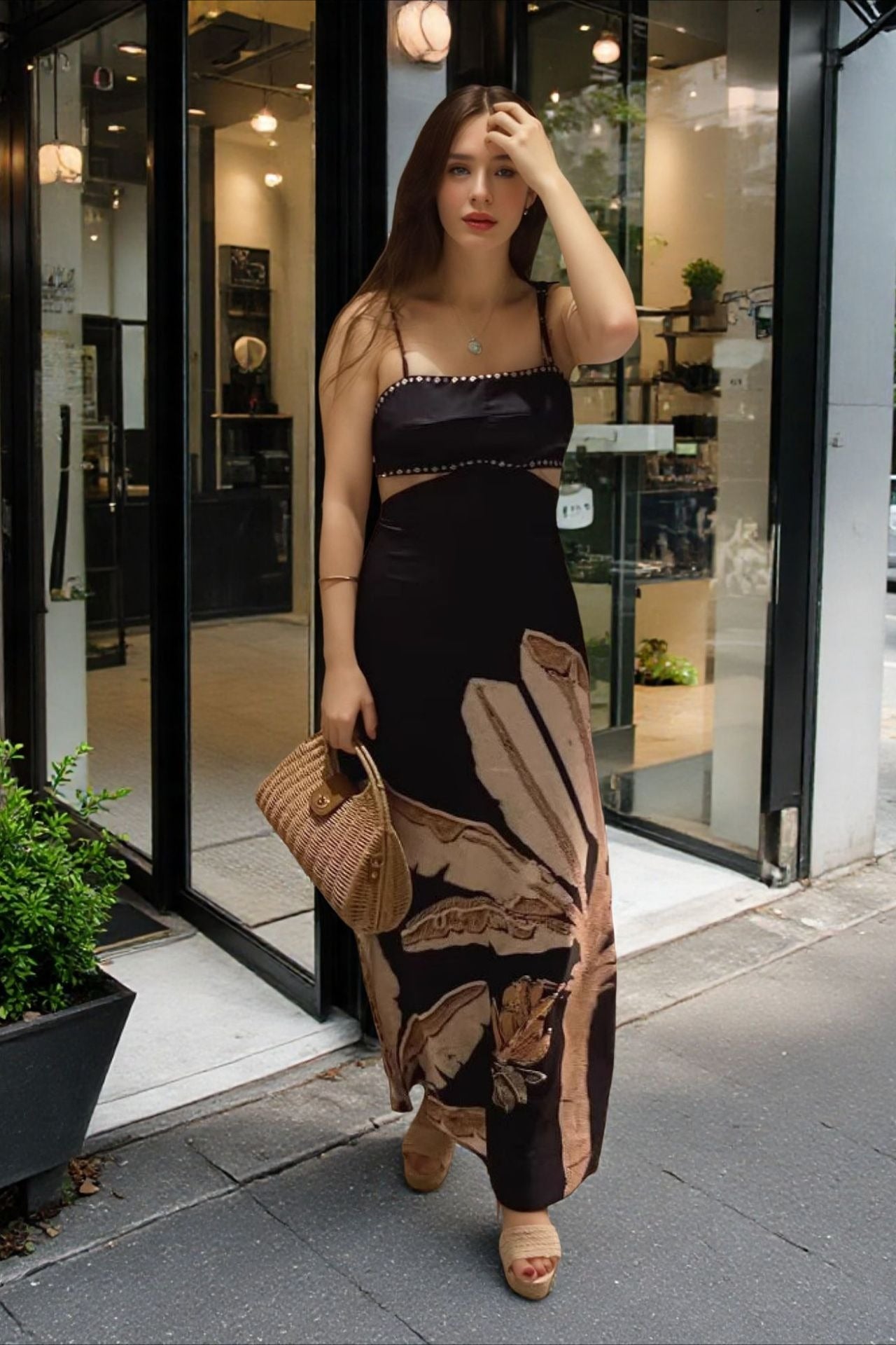 Backless Tie Print Maxi Dress