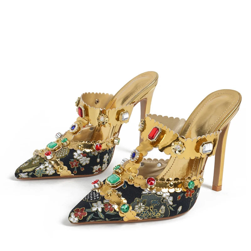 Liyke Runway Style Color Gem Pumps Slippers Crystal Rhinestone Pvc Transparent Mules High Heels Summer Party Prom Shoes