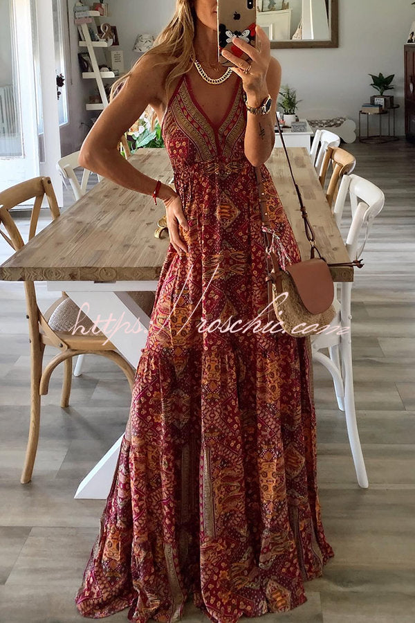 Celeste Printed Strap Elastic Waist Maxi Dresses