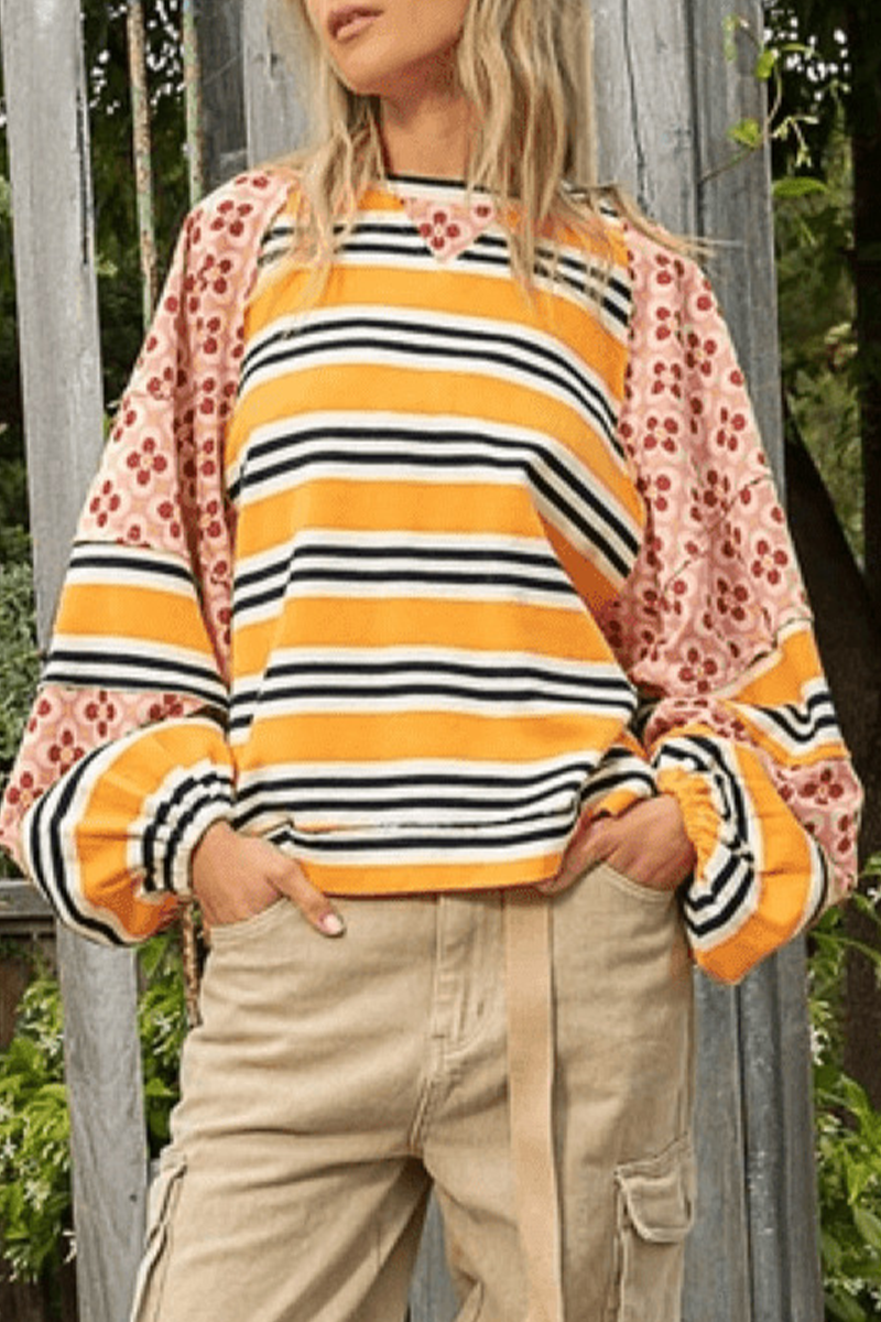 Striped Print Flowers Contrast O Neck Hoodies